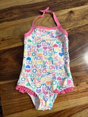 Ruffle Butts Girls' Pink 'Love' Print One-Piece Swimsuit Sz 6